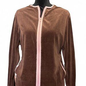 Brown velour zip up jacket with pink stripes. Size: XL